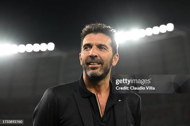 Italy Head of Delegation Gianluigi Buffon looks on during pitch inspection at Stadio San Nicola on October 13, 2023 in Bari, Italy.