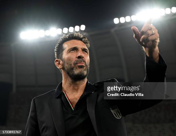 Italy Head of Delegation Gianluigi Buffon looks on during pitch inspection at Stadio San Nicola on October 13, 2023 in Bari, Italy.