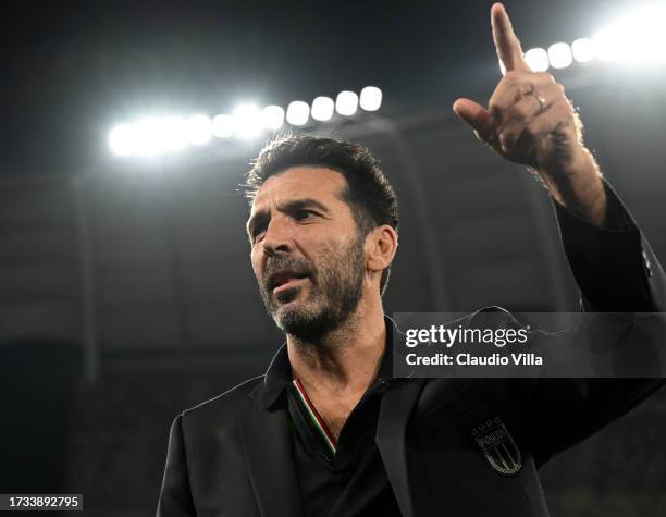 Italy Head of Delegation Gianluigi Buffon looks on during pitch inspection at Stadio San Nicola on October 13, 2023 in Bari, Italy.