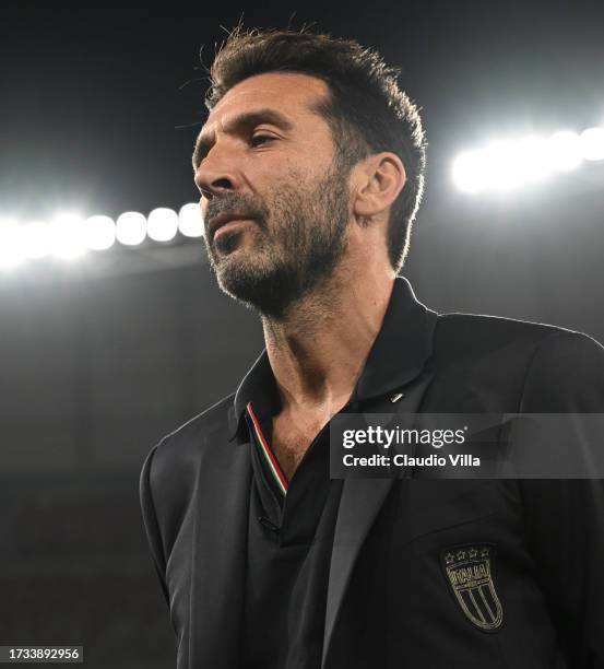 Italy Head of Delegation Gianluigi Buffon looks on during pitch inspection at Stadio San Nicola on October 13, 2023 in Bari, Italy.