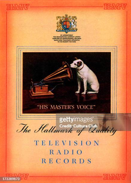 Advertisement for His Masters Voice, HMV. Classic logo of dog listening to his masters voice. Captions reads 'The hall mark of quality, television,...