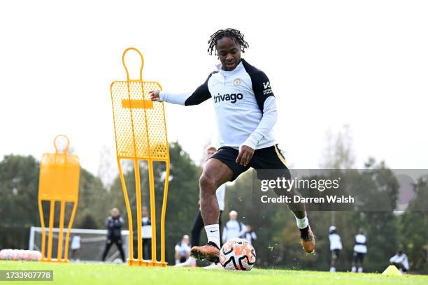 Raheem Sterling of Chelsea during a training session at Chelsea Training Ground on October 19, 2023 in Cobham, England.