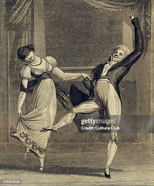 La Manie de la Danse - detail after engraving by Philibert Louis Debucourt, 1809. Published in Paris. Showing a couple dancing frantically in a...