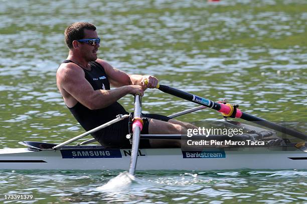 Joseph Sullivan of New Zeland rows in the Men's single sculls during Day 1 of the 2013 Samsung World Rowing Cup III on Lucerne Rotsee on July 12,...