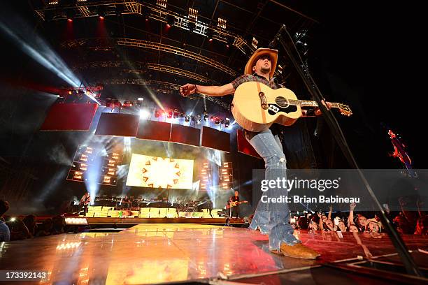 Jason Aldean performs during the Night Train Tour 2013 at Fenway Park on July 20, 2013 in Boston, Massachusetts.