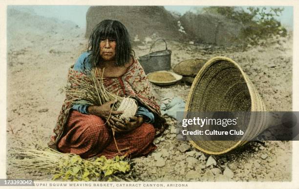 Supai woman weaving a basket, Arizona. The Havasupai community is based around the Grand Canyon in Arizona.