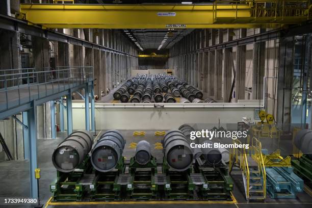 Ready-to-ship canisters filled with enriched uranium at the Urenco USA uranium enrichment facility near Eunice, New Mexico, US, on Tuesday, July 11,...