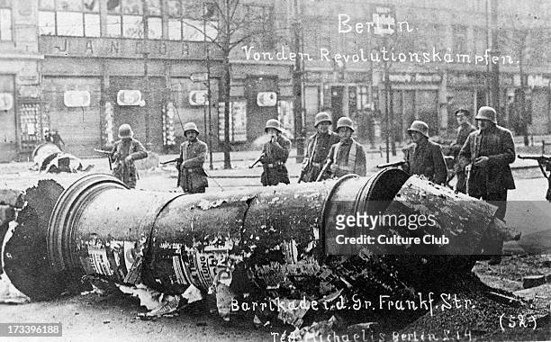 German Revolution in Berlin, Germany, 1918. Street battles - barricades in Frankfurter Straße. In November 1918 Spartacist leader Karl Liebknecht...
