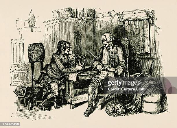 Rob Roy by Sir Walter Scott. First published 1817. Caption: Andrew Fairservice and the Pedlar. RR: Robert Roy MacGregor, Scottish folk hero...