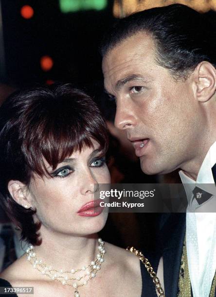 Model Kelly LeBrock and her husband, actor Steven Seagal attending the premiere of 'Under Siege' on October 8, 1992 at Mann Village Theater in...