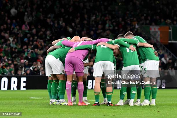 Players of Republic of Ireland huddle together prior to the UEFA EURO 2024 European qualifier match between Republic of Ireland and Greece at Aviva...