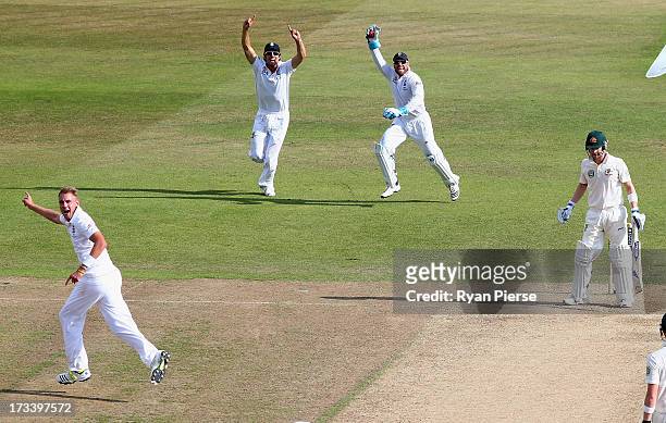 Stuart Broad of England celebrates after taking the wicket of Michael Clarke of Australia during day four of the 1st Investec Ashes Test match...