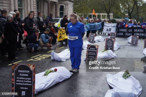 Health professionals from Health for Extinction Rebellion stage a die-in outside the Energy Intelligence forum at the Hotel InterContinental on the...