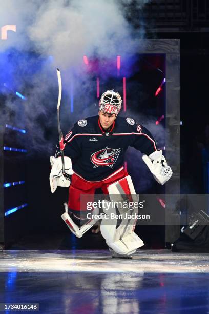 Goaltender Elvis Merzlikins of the Columbus Blue Jackets is introduced prior to the Columbus Blue Jackets home opener against the Philadelphia Flyers...