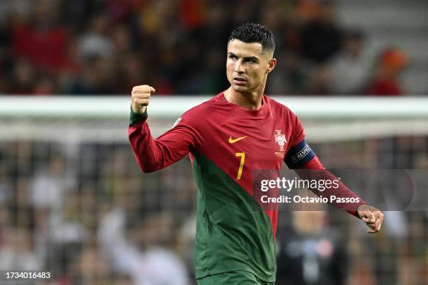 Cristiano Ronaldo of Portugal celebrates after scoring the team's second goal from the penalty spot during the UEFA EURO 2024 European qualifier...