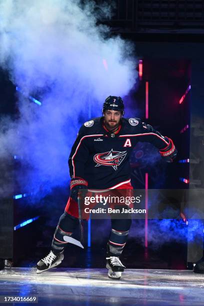 Sean Kuraly of the Columbus Blue Jackets is introduced prior to the Columbus Blue Jackets home opener against the Philadelphia Flyers at Nationwide...