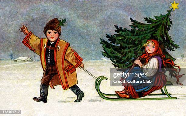 Hungarian Christimas card. Caption: 'Boldog Karácsonyi Ünnepeket'/ 'Merry Christmas'. Children in traditional dress. C. 1918