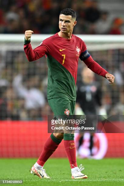 Cristiano Ronaldo of Portugal celebrates after scoring the team's second goal from the penalty spot during the UEFA EURO 2024 European qualifier...