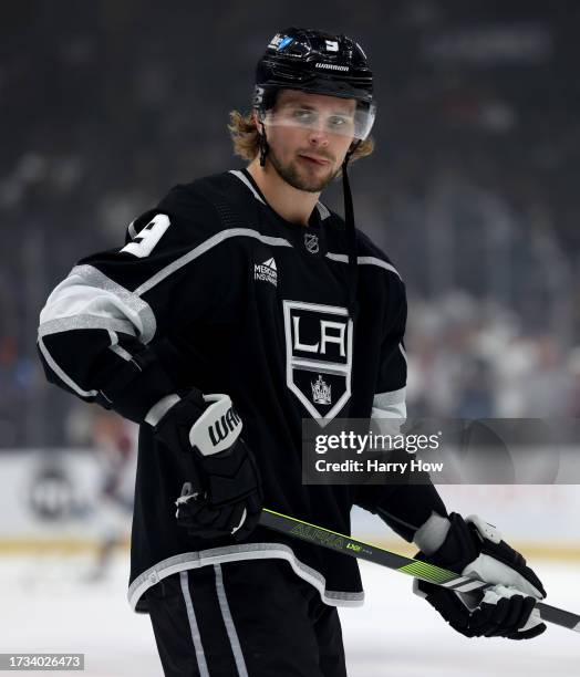 Adrian Kempe of the Los Angeles Kings waits during warm up before the game against the Colorado Avalanche in the Los Angeles Kings season opening...