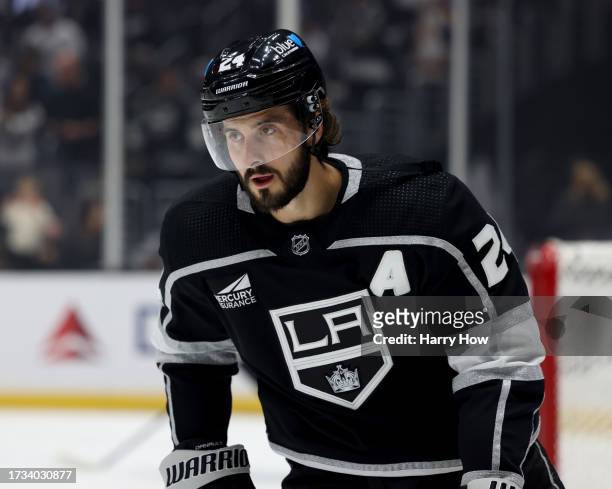 Phillip Danault of the Los Angeles Kings skates during warm up before the game against the Colorado Avalanche in the Los Angeles Kings season opening...