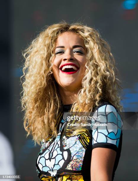 Rita Ora performs on the main stage on day 2 of the Yahoo! Wireless Festival at Queen Elizabeth Olympic Park on July 13, 2013 in London, England.