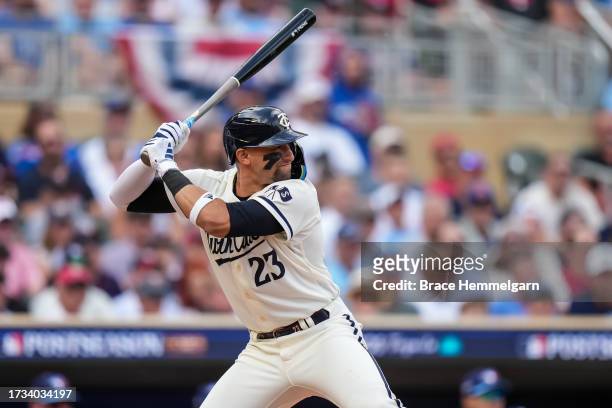 Royce Lewis of the Minnesota Twins bats during game one of the Wild Card Series against the Toronto Blue Jays on October 3, 2023 at Target Field in...