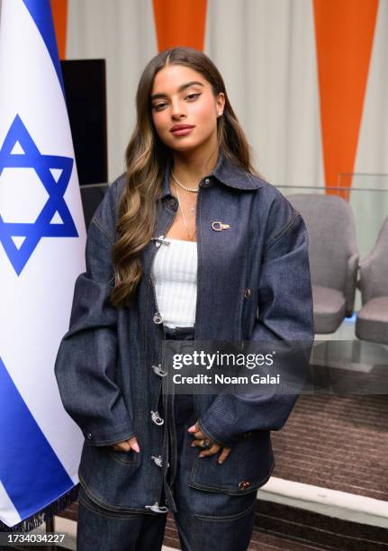 Singer Noa Kirel attends a meeting with Israeli UN Ambassador Gilad Erdan and families of hostages kidnapped by Hamas at the United Nations on...