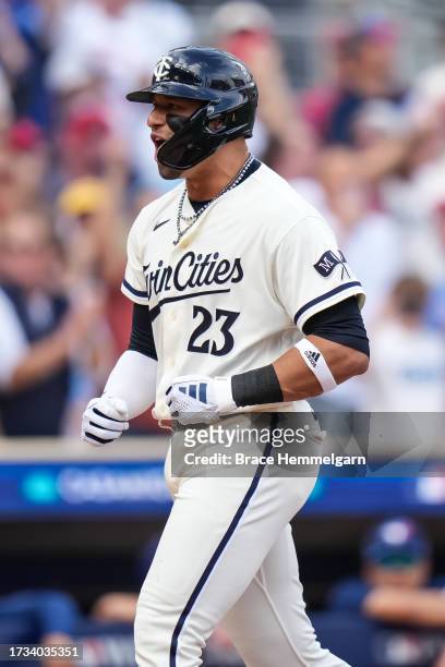 Royce Lewis of the Minnesota Twins celebrates after hitting a home run during game one of the Wild Card Series against the Toronto Blue Jays on...