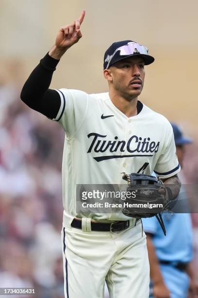 Carlos Correa of the Minnesota Twins celebrates during game one of the Wild Card Series against the Toronto Blue Jays on October 3, 2023 at Target...