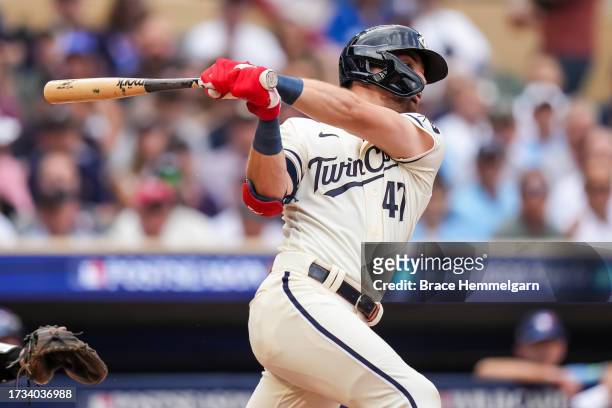 Edouard Julien of the Minnesota Twins bats during game one of the Wild Card Series against the Toronto Blue Jays on October 3, 2023 at Target Field...
