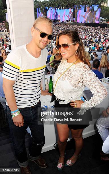 Adrian Fillary and Jade Jagger attend the Barclaycard UNWIND VIP lounge at British Summer Time Hyde Park presented by Barclaycard on July 13, 2013 in...