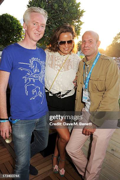 Philip Treacy, Jade Jagger and Stefan Bartlett attend the Barclaycard UNWIND VIP lounge at British Summer Time Hyde Park presented by Barclaycard on...