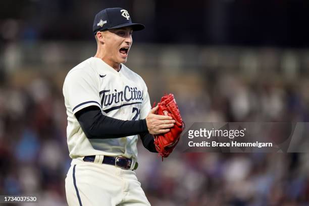 Griffin Jax of the Minnesota Twins celebrates during game one of the Wild Card Series against the Toronto Blue Jays on October 3, 2023 at Target...