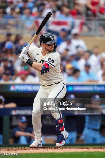 Ryan Jeffers of the Minnesota Twins bats during game one of the Wild Card Series against the Toronto Blue Jays on October 3, 2023 at Target Field in...