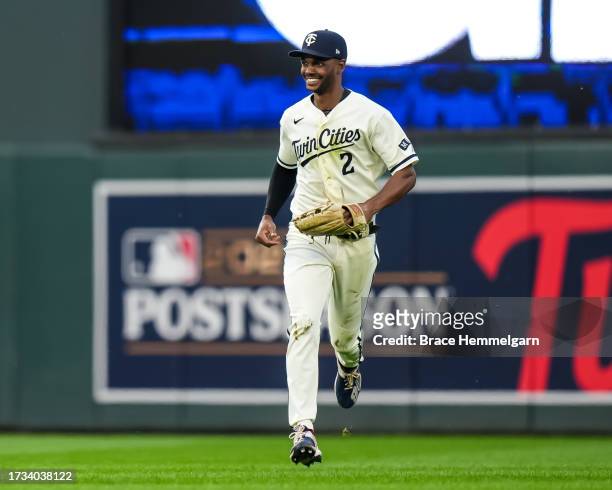 Michael A. Taylor of the Minnesota Twins looks on during game one of the Wild Card Series against the Toronto Blue Jays on October 3, 2023 at Target...