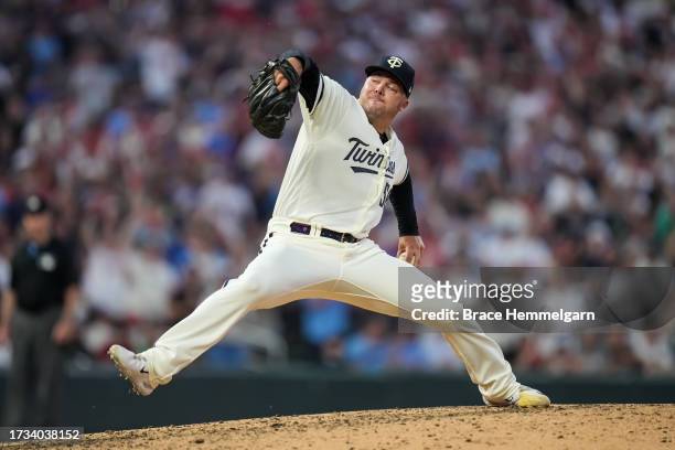 Caleb Thielbar of the Minnesota Twins pitches during game one of the Wild Card Series against the Toronto Blue Jays on October 3, 2023 at Target...