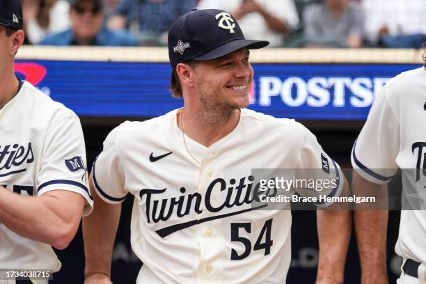 Sonny Gray of the Minnesota Twins looks on during game one of the Wild Card Series against the Toronto Blue Jays on October 3, 2023 at Target Field...