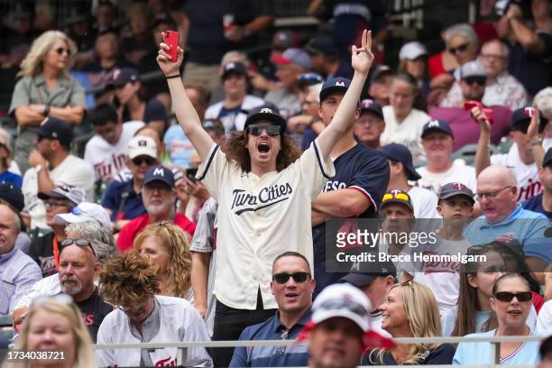 Minnesota Twins fan celebrates during game one of the Wild Card Series against the Toronto Blue Jays on October 3, 2023 at Target Field in...
