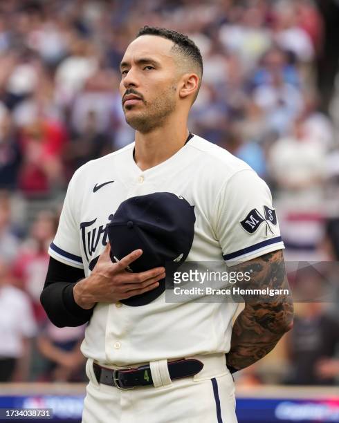 Carlos Correa of the Minnesota Twins looks on during game one of the Wild Card Series against the Toronto Blue Jays on October 3, 2023 at Target...