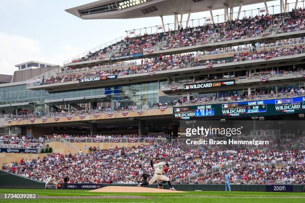 Pablo Lopez of the Minnesota Twins pitches during game one of the Wild Card Series against the Toronto Blue Jays on October 3, 2023 at Target Field...
