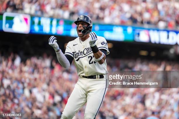 Royce Lewis of the Minnesota Twins celebrates after hitting a home run during game one of the Wild Card Series against the Toronto Blue Jays on...