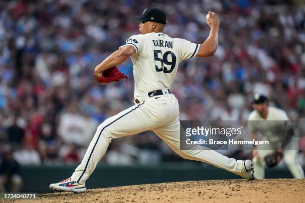 Jhoan Duran of the Minnesota Twins pitches during game one of the Wild Card Series against the Toronto Blue Jays on October 3, 2023 at Target Field...