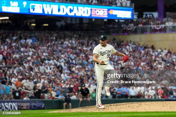 Jhoan Duran of the Minnesota Twins celebrates during game one of the Wild Card Series against the Toronto Blue Jays on October 3, 2023 at Target...