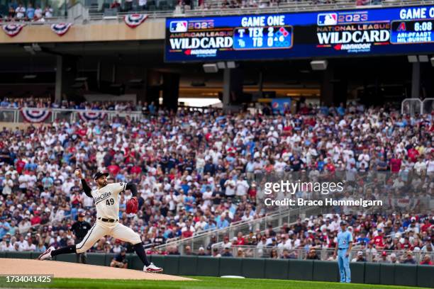 Pablo Lopez of the Minnesota Twins pitches during game one of the Wild Card Series against the Toronto Blue Jays on October 3, 2023 at Target Field...