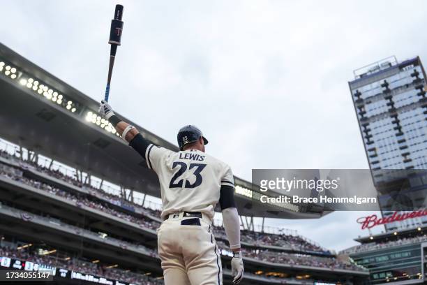Royce Lewis of the Minnesota Twins looks on during game one of the Wild Card Series against the Toronto Blue Jays on October 3, 2023 at Target Field...