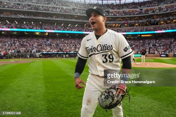 Donovan Solano of the Minnesota Twins celebrates during game one of the Wild Card Series against the Toronto Blue Jays on October 3, 2023 at Target...