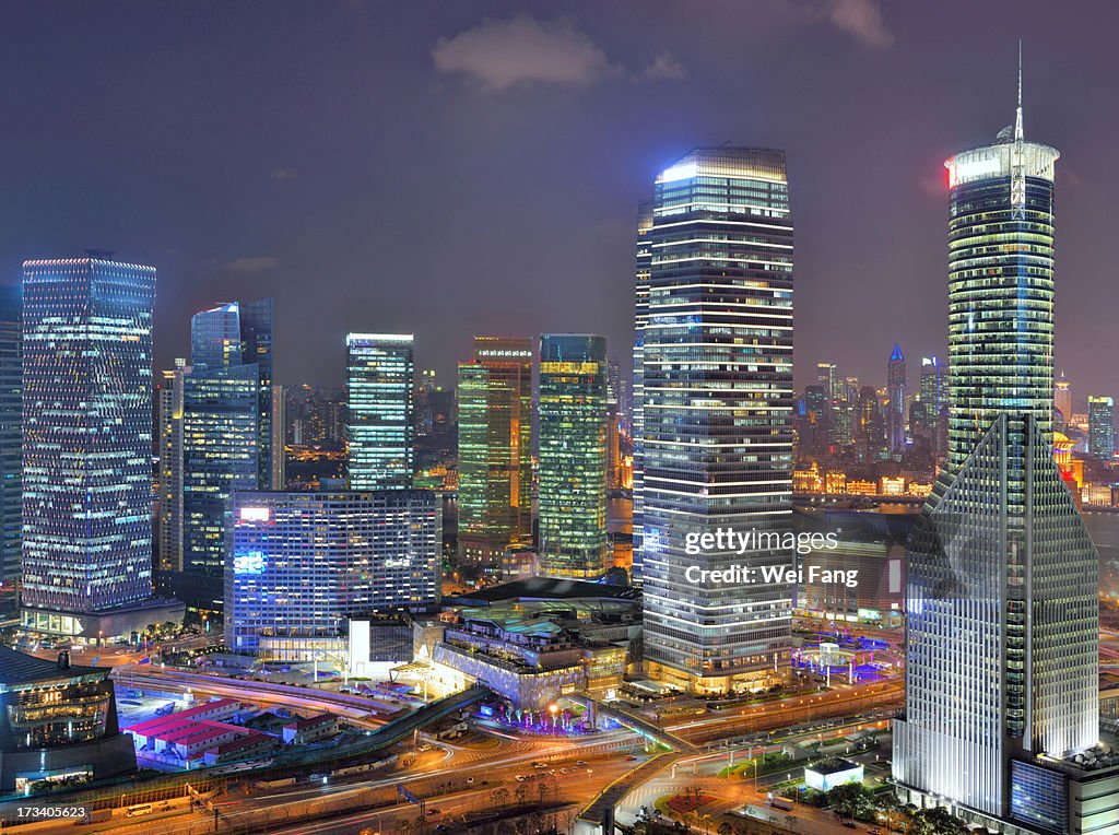 Modern office buildings at night