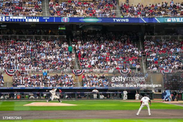 General view as Pablo Lopez of the Minnesota Twins pitches during game one of the Wild Card Series against the Toronto Blue Jays on October 3, 2023...