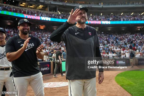 Manager Rocco Baldelli of the Minnesota Twins looks on during game one of the Wild Card Series against the Toronto Blue Jays on October 3, 2023 at...