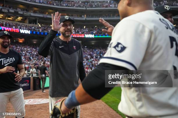 Manager Rocco Baldelli of the Minnesota Twins looks on during game one of the Wild Card Series against the Toronto Blue Jays on October 3, 2023 at...